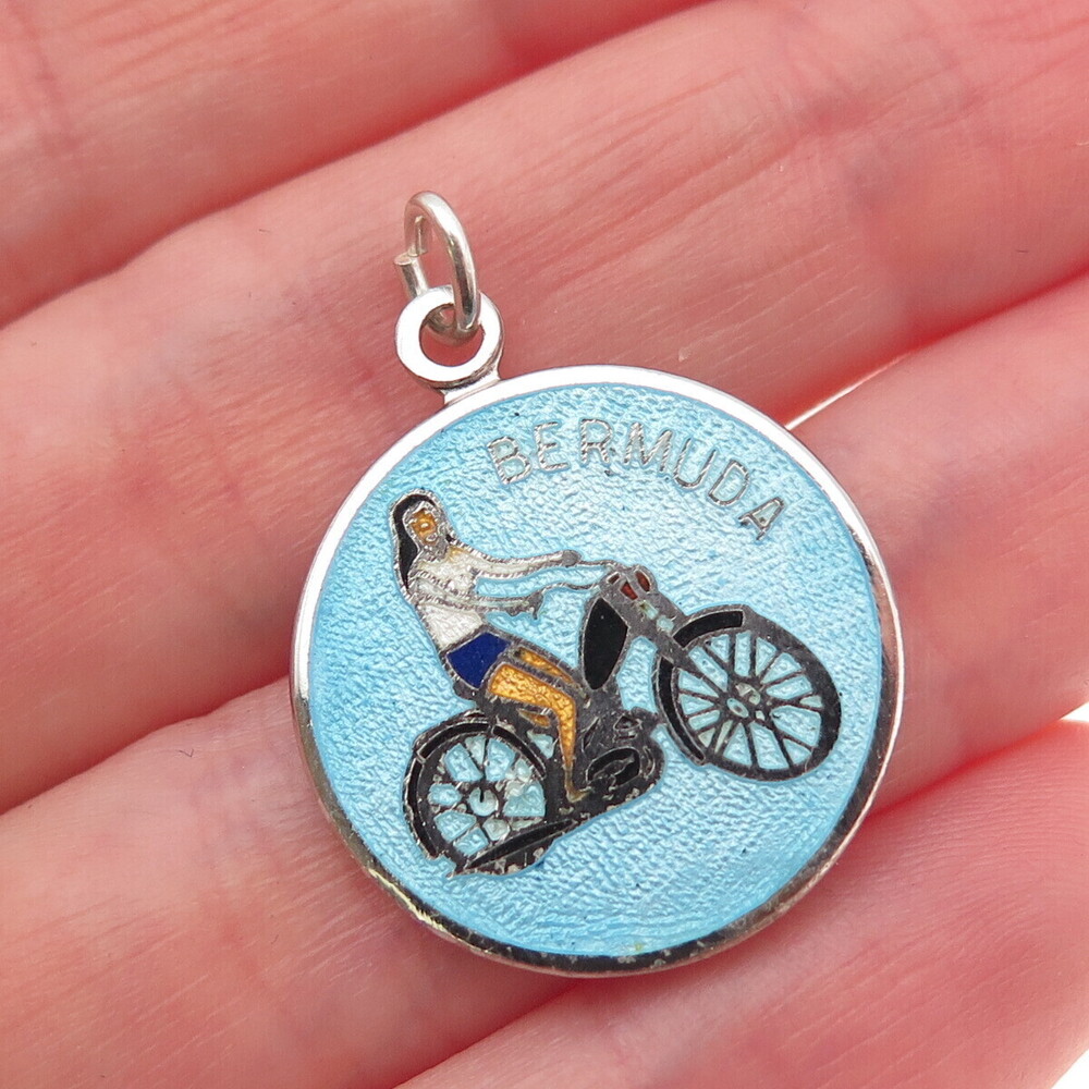 BREADNER CO. Sterling Silver Vintage Enamel Bermuda Motorcycler Charm Pendant